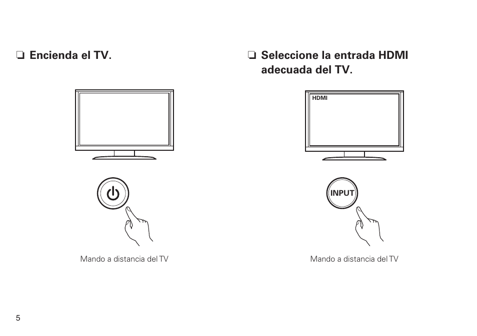 N seleccione la entrada hdmi adecuada del tv, N encienda el tv | Marantz SR6008 Getting Started User Manual | Page 6 / 10