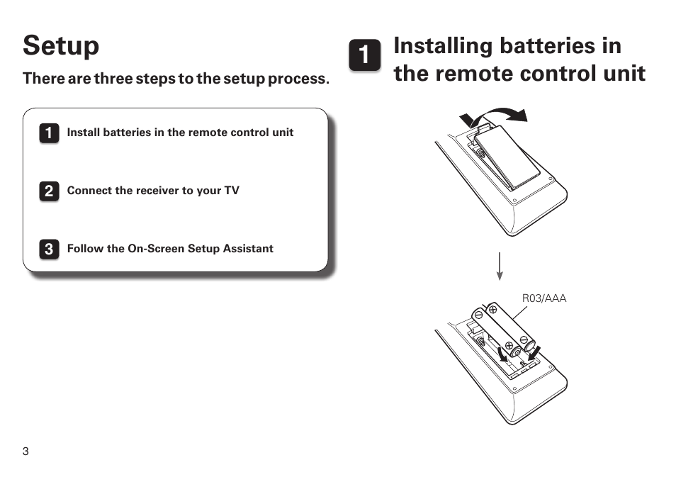 Setup, Installing batteries in the remote control unit | Marantz SR6008 Getting Started User Manual | Page 4 / 10