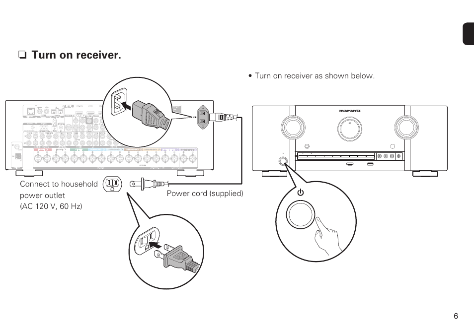 N turn on receiver, Pr/ cr pr/cr pb/ cb pb/cb y y 1 cbl/sat, Assignable) | Signal gnd video in remote control, Assignable | Marantz SR6008 Getting Started User Manual | Page 7 / 10