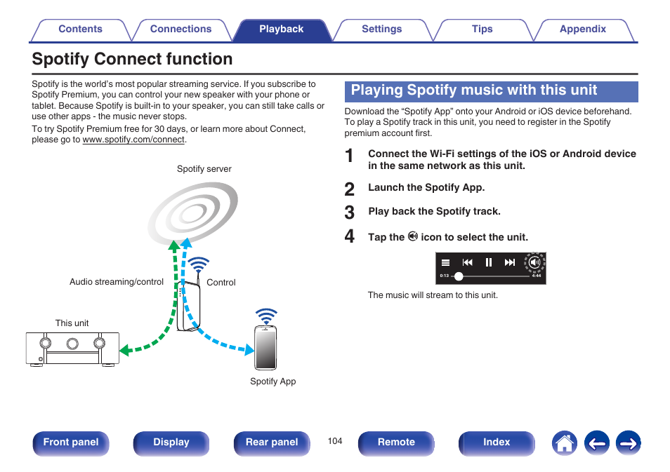 Spotify connect function, Playing spotify music with this unit | Marantz SR6009 User Manual | Page 104 / 282