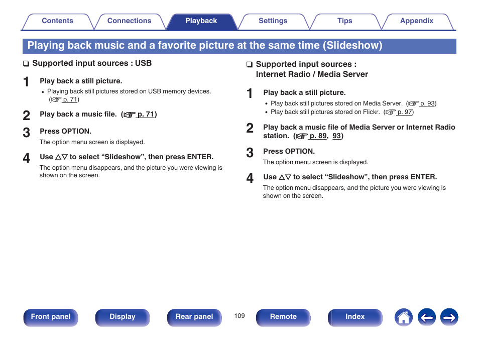 Slideshow), Slideshow)” (v p. 109) | Marantz SR6009 User Manual | Page 109 / 282