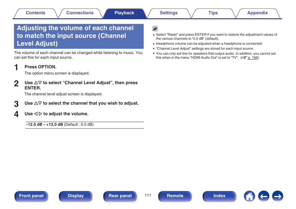 Channel level adjust), Channel level adjust)” (v p. 111) | Marantz SR6009 User Manual | Page 111 / 282
