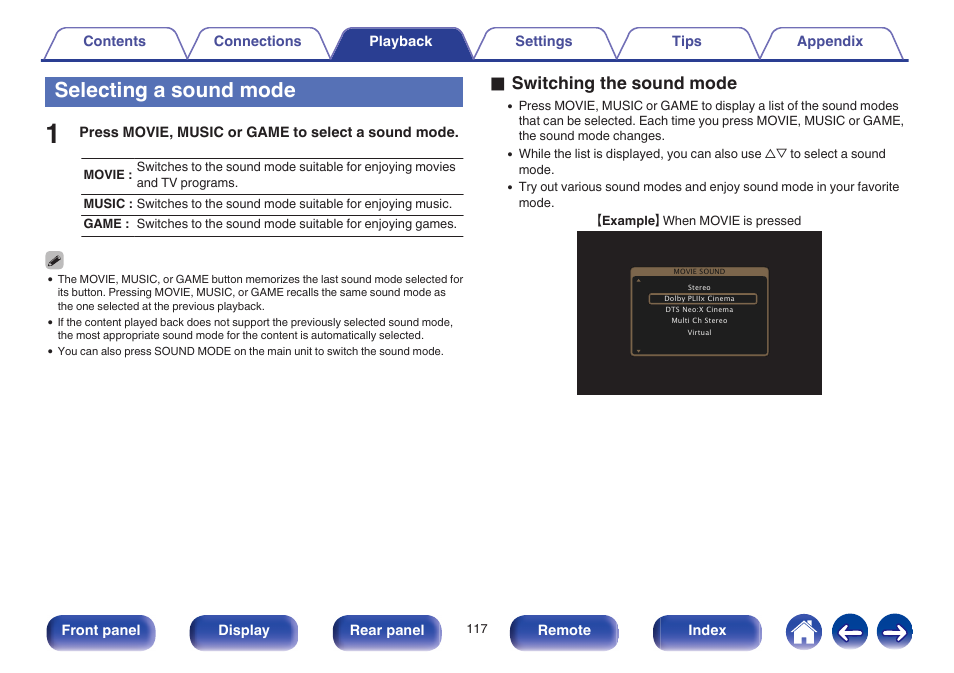Selecting a sound mode, O switching the sound mode | Marantz SR6009 User Manual | Page 117 / 282