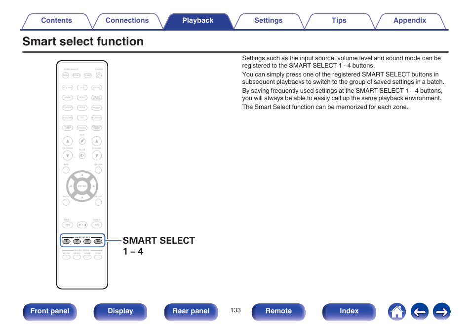 Smart select function, Volume level and sound mode settings. (v p. 133), Smart select 1 – 4 | Front panel display rear panel remote index | Marantz SR6009 User Manual | Page 133 / 282