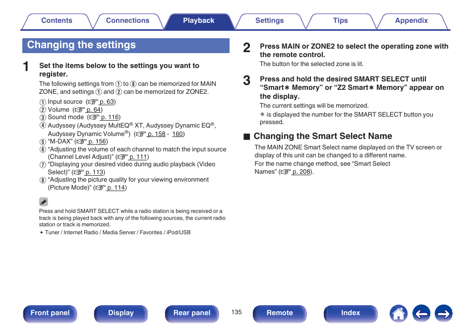 Changing the settings, O changing the smart select name | Marantz SR6009 User Manual | Page 135 / 282