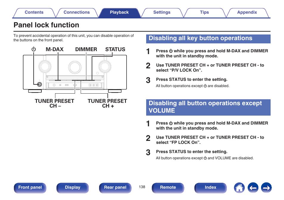 Panel lock function, Disabling all key button operations, Disabling all button operations except volume | Marantz SR6009 User Manual | Page 138 / 282