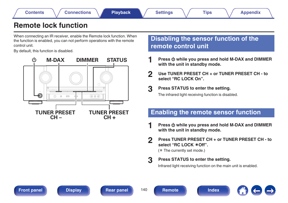 Remote lock function, Enabling the remote sensor function, Remote lock function” (v p. 140)) | Marantz SR6009 User Manual | Page 140 / 282