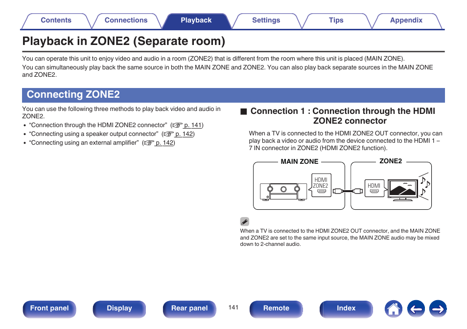 Playback in zone2 (separate room), Connecting zone2, Equipped with hdmi zone2 output ( v p. 141) | Marantz SR6009 User Manual | Page 141 / 282