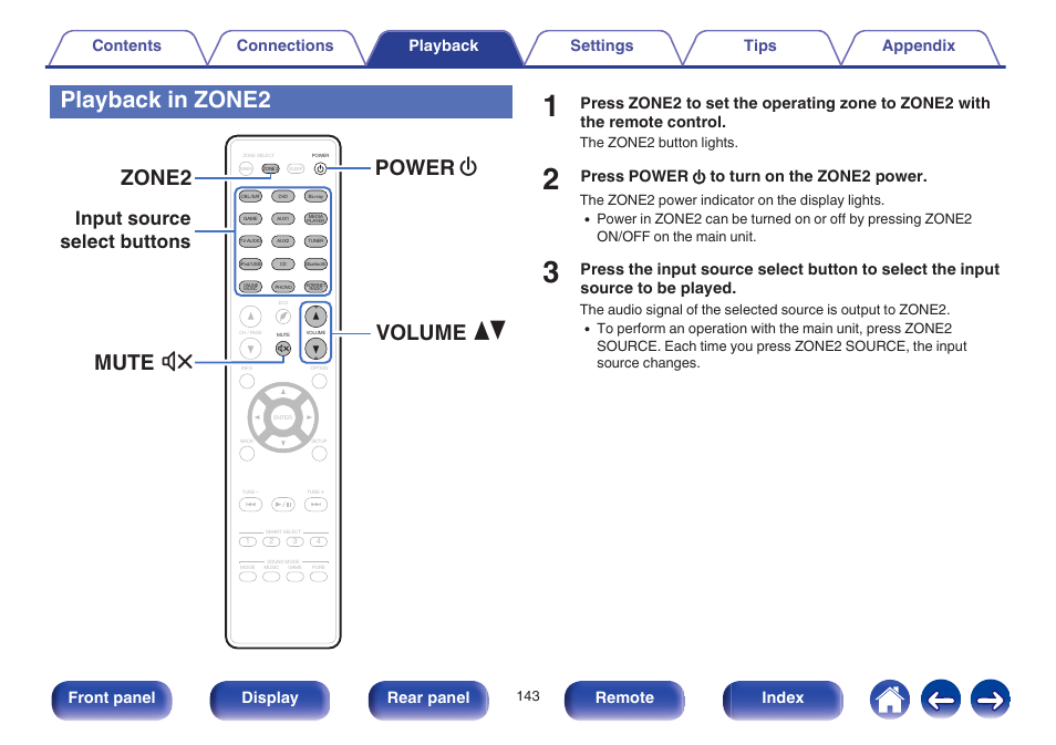 Playback in zone2, V p. 143), The remote control unit. (v p. 143 | Zone2 mute power volume x df, Input source select buttons, Press power x to turn on the zone2 power, Front panel display rear panel remote index | Marantz SR6009 User Manual | Page 143 / 282