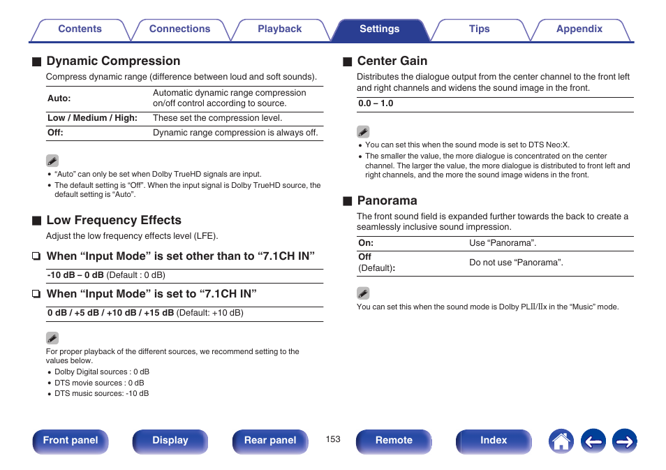 O dynamic compression, O low frequency effects, O center gain | O panorama | Marantz SR6009 User Manual | Page 153 / 282