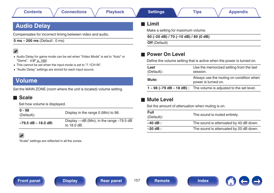 Audio delay, Volume, O scale | O limit, O power on level, O mute level | Marantz SR6009 User Manual | Page 157 / 282