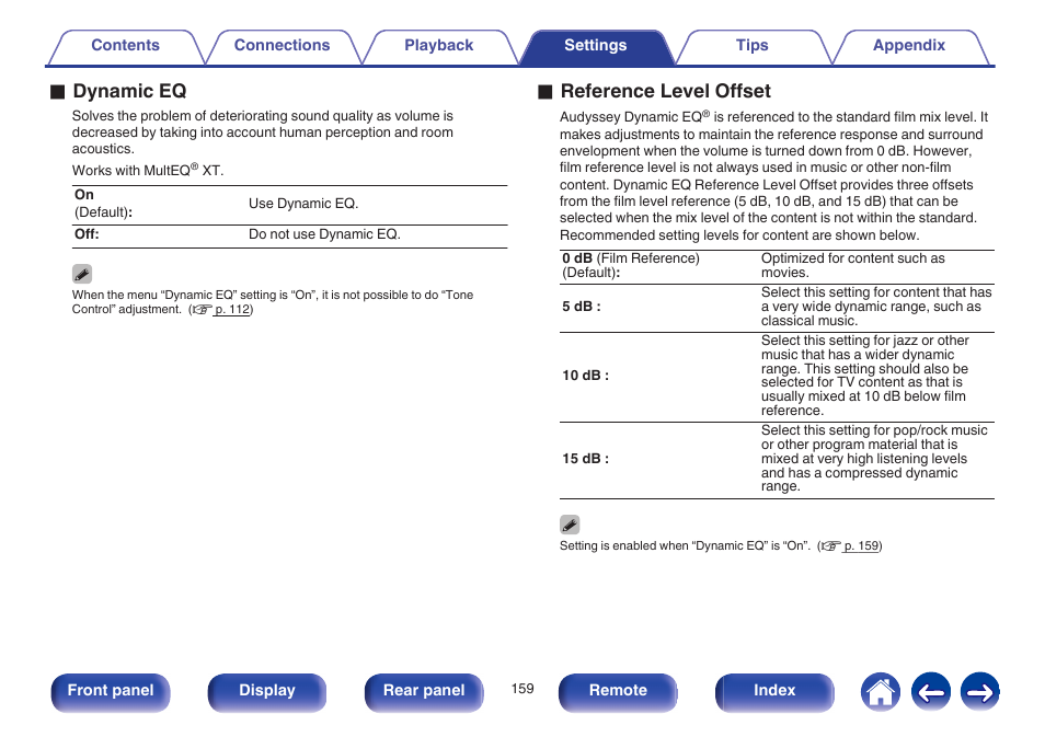 Dynamic eq (v p. 159), O dynamic eq, O reference level offset | Marantz SR6009 User Manual | Page 159 / 282