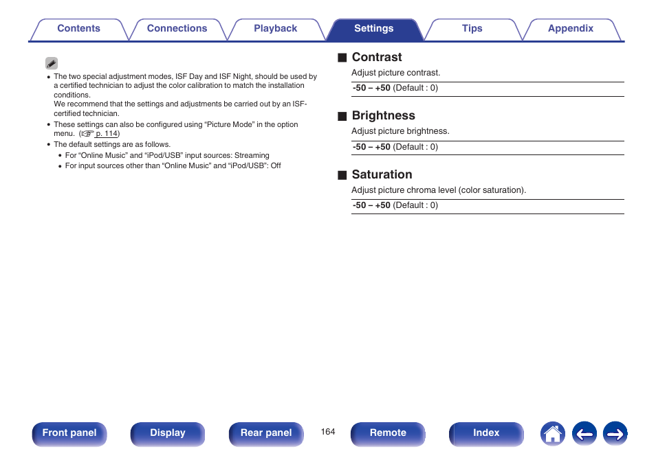 O contrast, O brightness, O saturation | Marantz SR6009 User Manual | Page 164 / 282