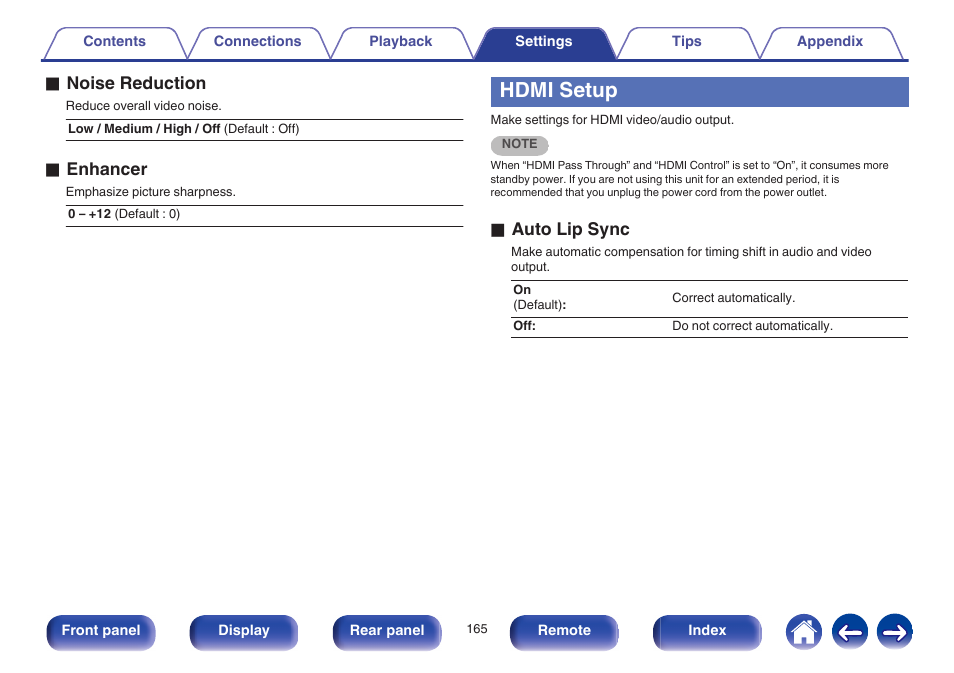 Hdmi setup, O noise reduction, O enhancer | O auto lip sync | Marantz SR6009 User Manual | Page 165 / 282