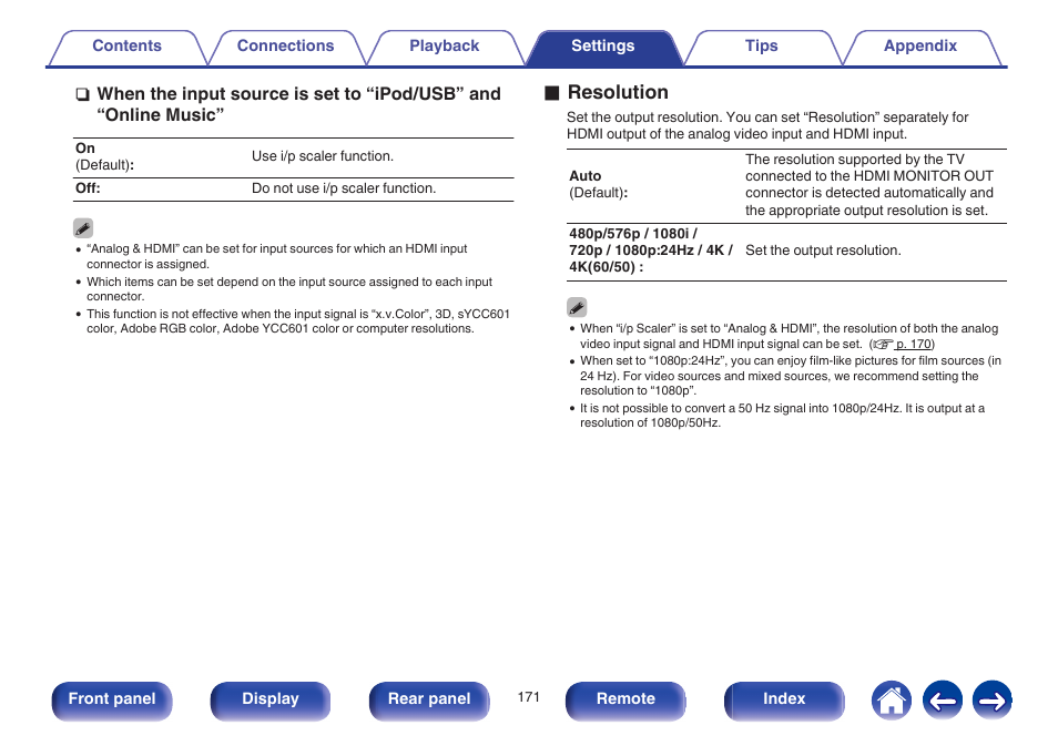 Resolution) to hd (720p/1080p) and 4k ( v p. 171), V p. 171), O resolution | Marantz SR6009 User Manual | Page 171 / 282