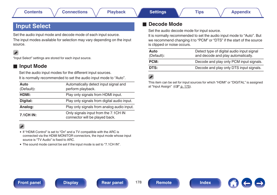 Input select, Available. (v p. 178), V p. 178) | O input mode, O decode mode | Marantz SR6009 User Manual | Page 178 / 282