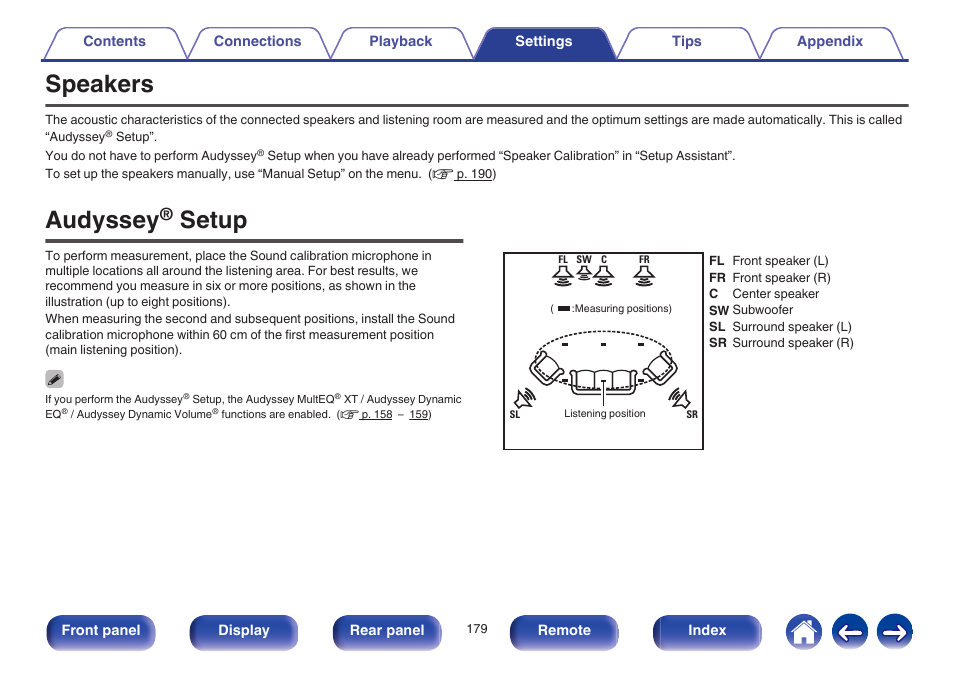Speakers, Audyssey® setup, Audyssey | Setup, Automatically changed to “medium”. (v p. 179) | Marantz SR6009 User Manual | Page 179 / 282
