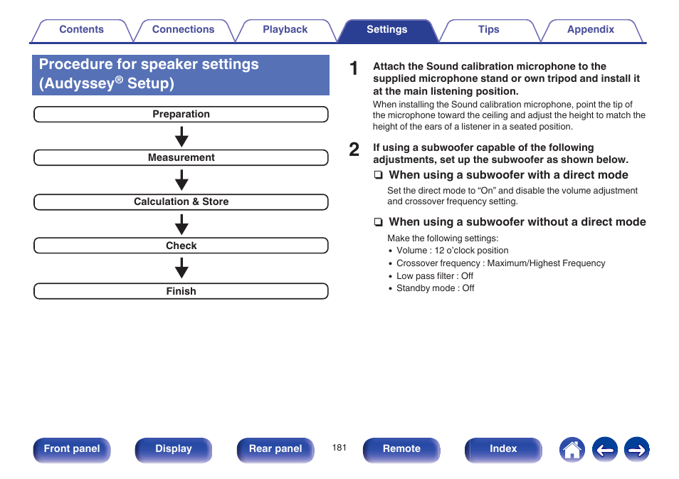 Procedure for speaker settings (audyssey® setup), Procedure for speaker settings (audyssey, Setup) | Marantz SR6009 User Manual | Page 181 / 282