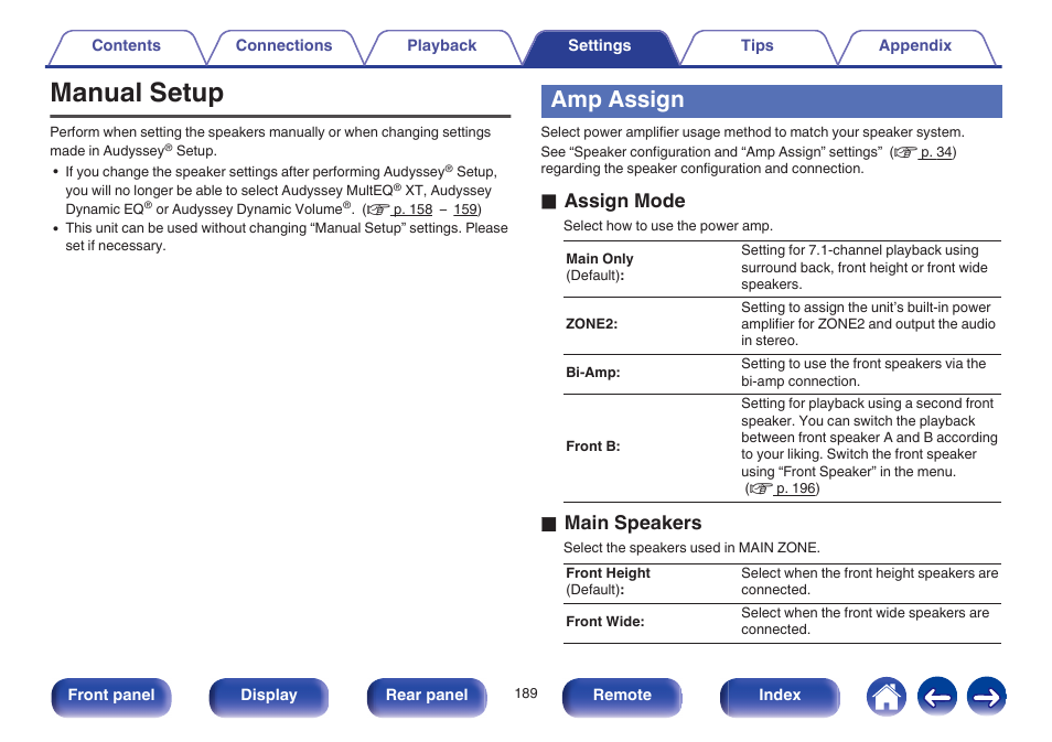 Manual setup, Amp assign, V p. 189) | O assign mode, O main speakers | Marantz SR6009 User Manual | Page 189 / 282