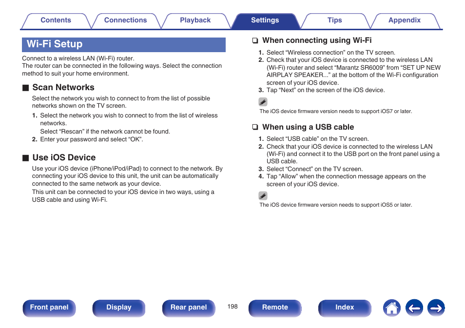 Wi-fi setup, O scan networks, O use ios device | Marantz SR6009 User Manual | Page 198 / 282
