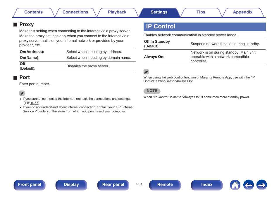 Ip control, V p. 201), Turned on automatically. (v p. 201) | O proxy, O port | Marantz SR6009 User Manual | Page 201 / 282