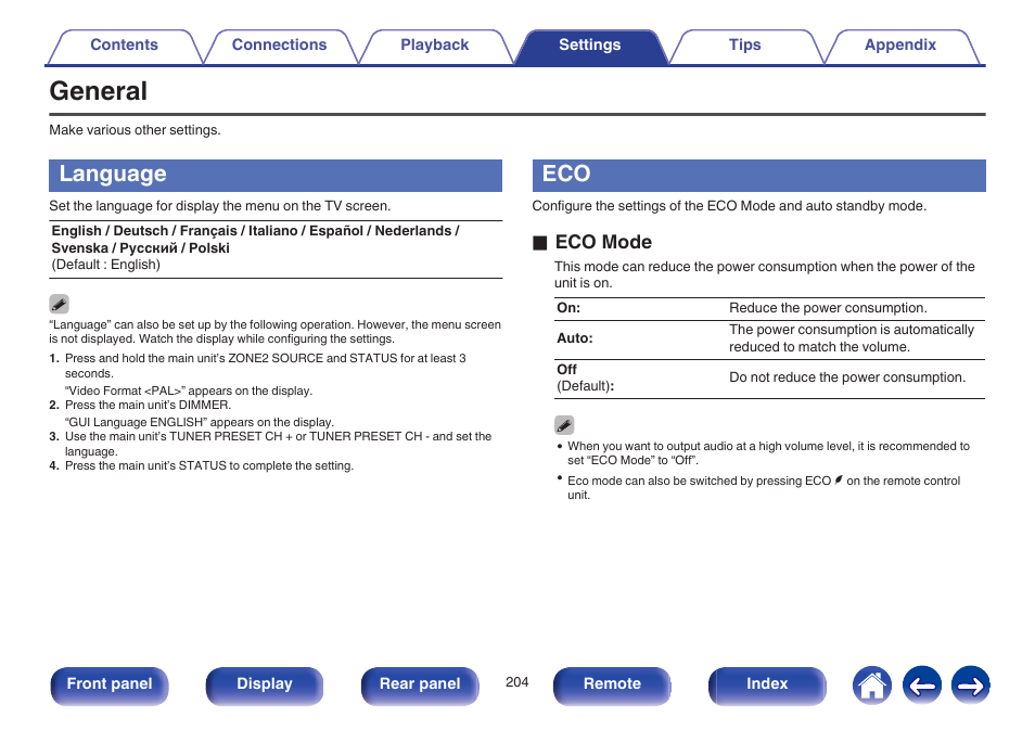 General, Language, V p. 204) | O eco mode | Marantz SR6009 User Manual | Page 204 / 282