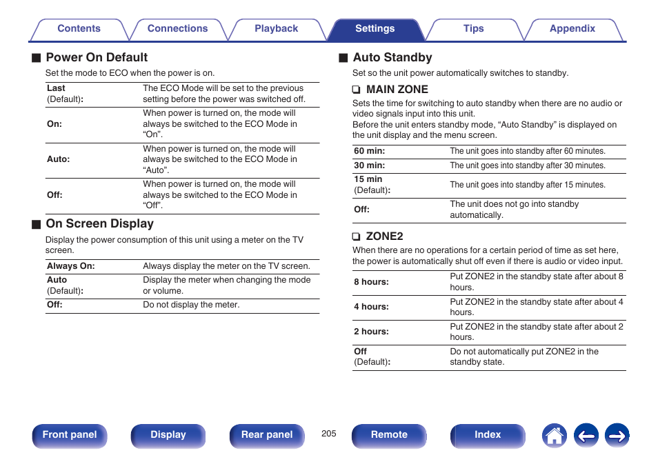 O power on default, O on screen display, O auto standby | Marantz SR6009 User Manual | Page 205 / 282