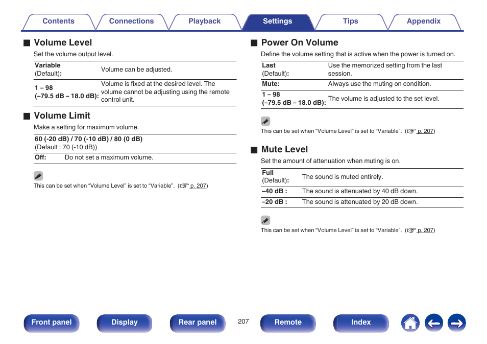 V p. 207), O volume level, O volume limit | O power on volume, O mute level | Marantz SR6009 User Manual | Page 207 / 282