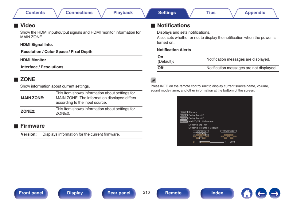 O video, O zone, O firmware | O notifications, Front panel display rear panel remote index | Marantz SR6009 User Manual | Page 210 / 282