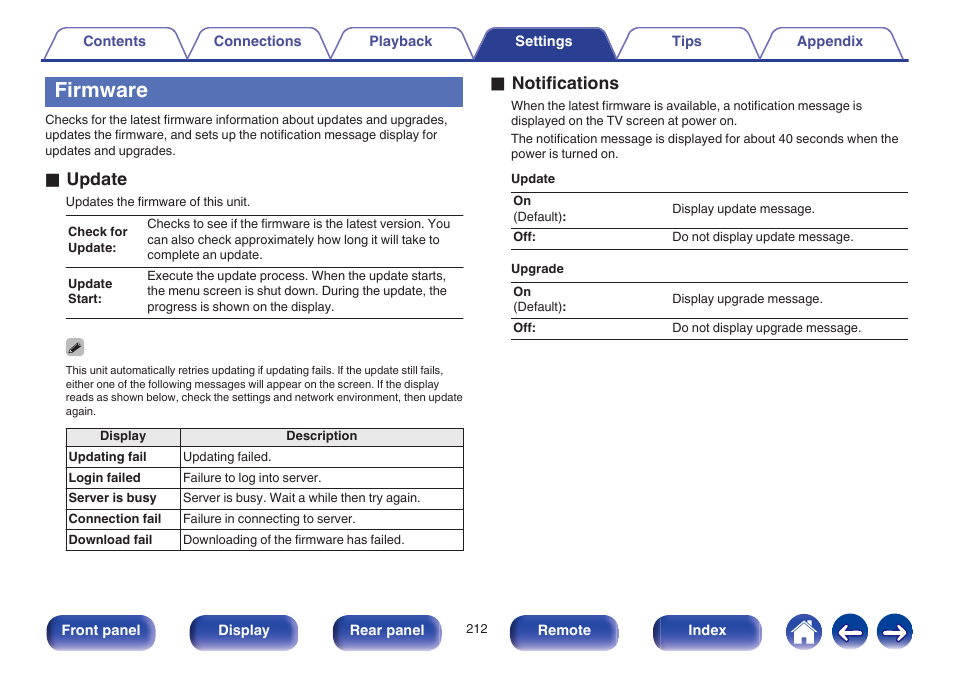 Firmware, O update, O notifications | Marantz SR6009 User Manual | Page 212 / 282