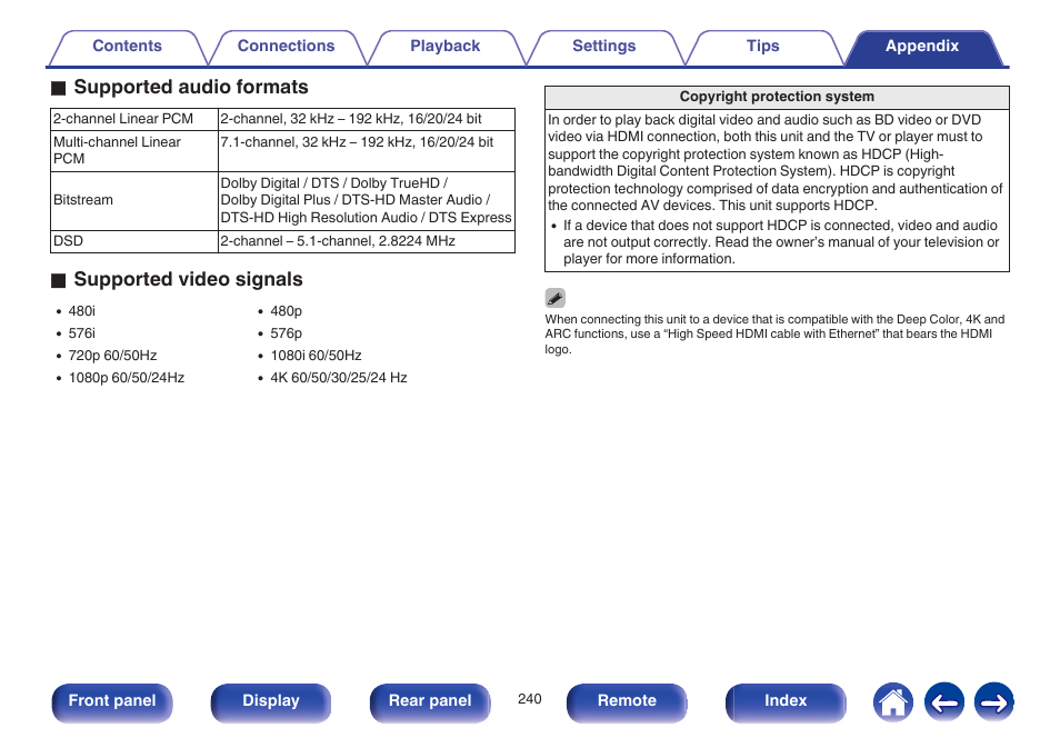 O supported audio formats, O supported video signals | Marantz SR6009 User Manual | Page 240 / 282