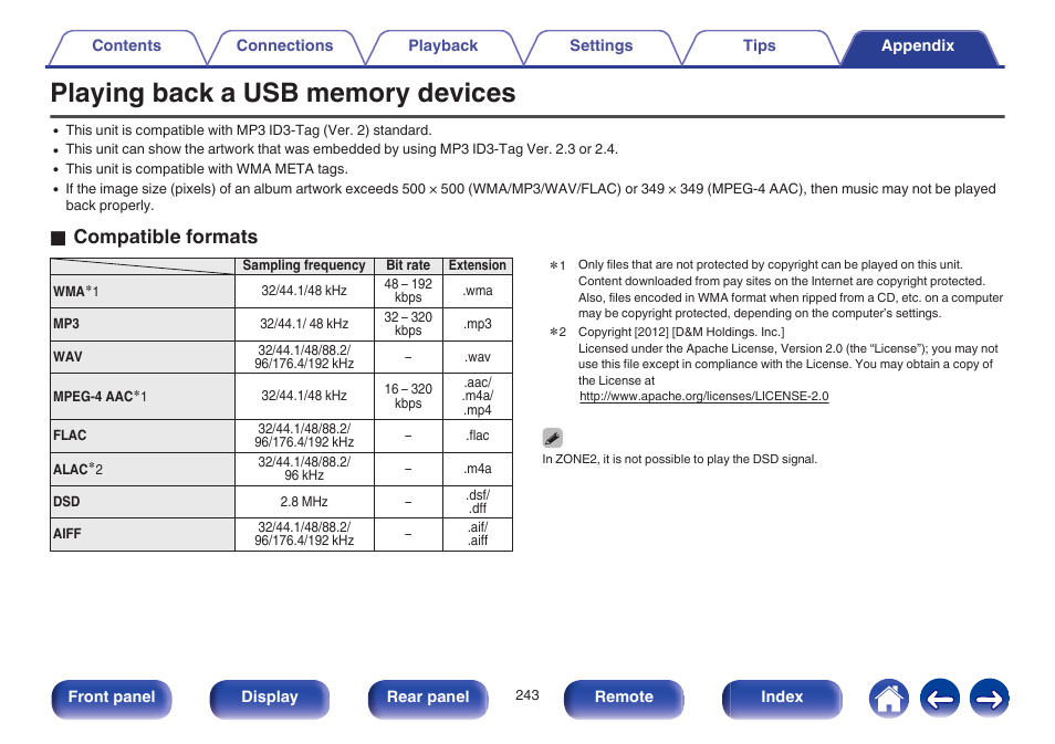 Playing back a usb memory devices, O compatible formats | Marantz SR6009 User Manual | Page 243 / 282