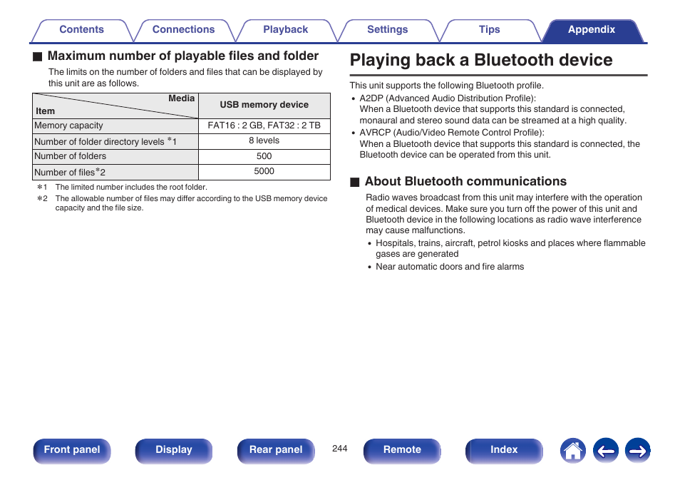 Playing back a bluetooth device, O maximum number of playable files and folder, O about bluetooth communications | Marantz SR6009 User Manual | Page 244 / 282