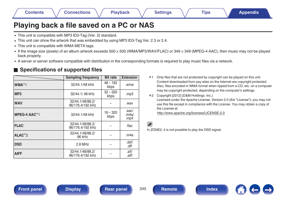 Playing back a file saved on a pc or nas, Nas” (v p. 245), O specifications of supported files | Marantz SR6009 User Manual | Page 245 / 282