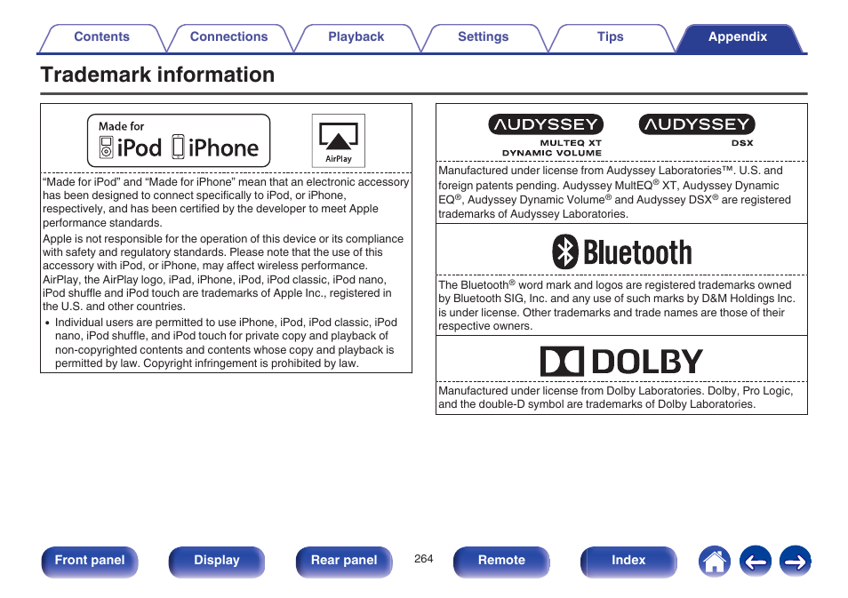 Trademark information | Marantz SR6009 User Manual | Page 264 / 282