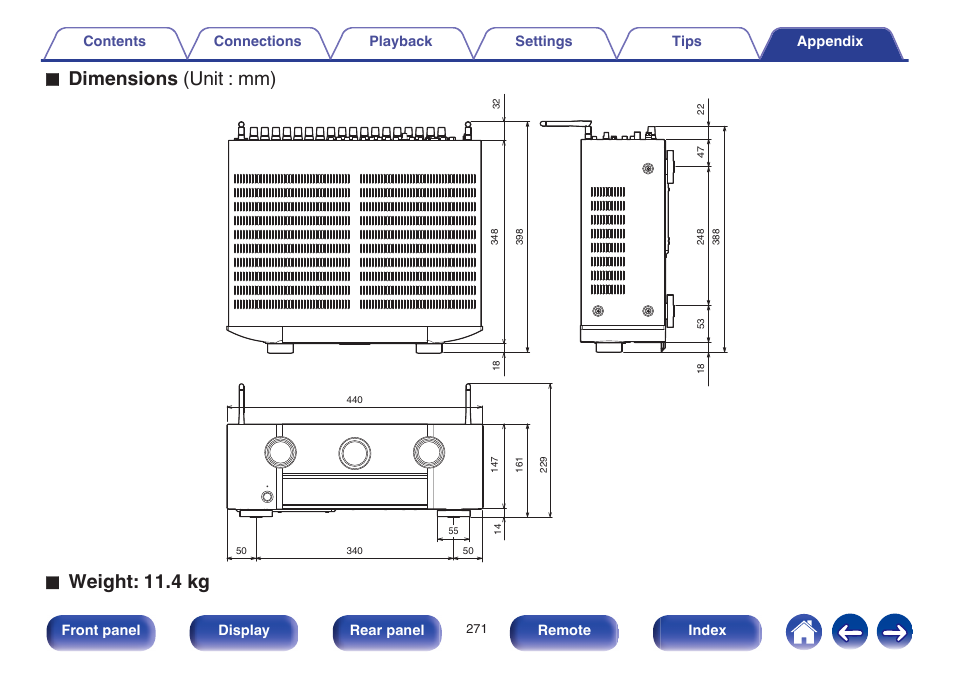 Dimensions (unit : mm), Weight: 11.4 kg | Marantz SR6009 User Manual | Page 271 / 282