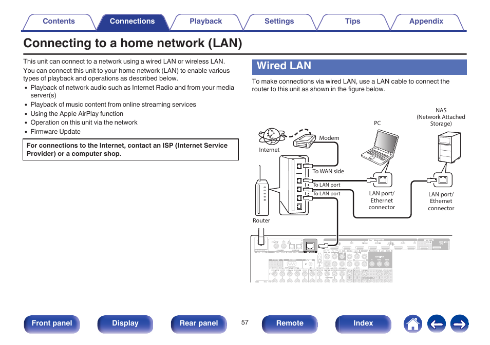 Connecting to a home network (lan), Wired lan, Network. (v p. 57) | Marantz SR6009 User Manual | Page 57 / 282