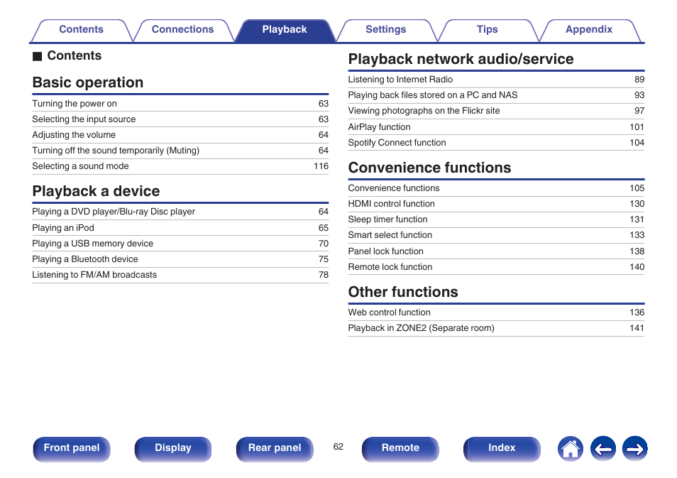 Playback, Basic operation, Playback a device | Playback network audio/service, Convenience functions, Other functions, O contents | Marantz SR6009 User Manual | Page 62 / 282