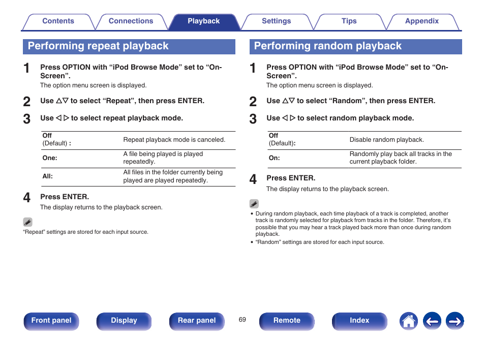 Performing repeat playback, Performing random playback, Performing repeat playback” (v p. 69) | Performing random playback” (v p. 69) | Marantz SR6009 User Manual | Page 69 / 282