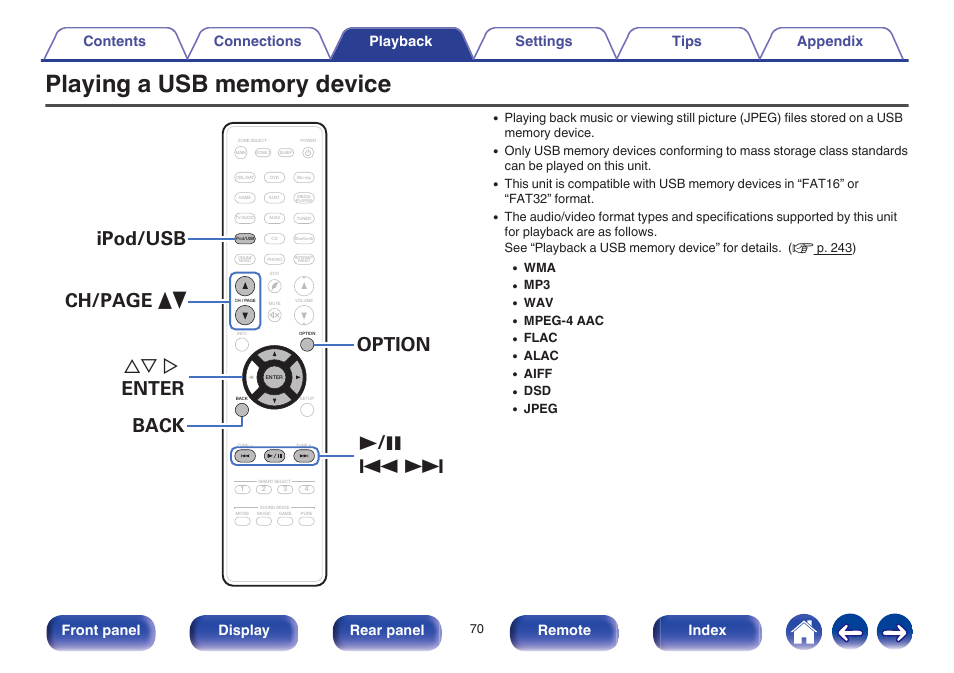 Playing a usb memory device, V p. 70), Front panel display rear panel remote index | Marantz SR6009 User Manual | Page 70 / 282