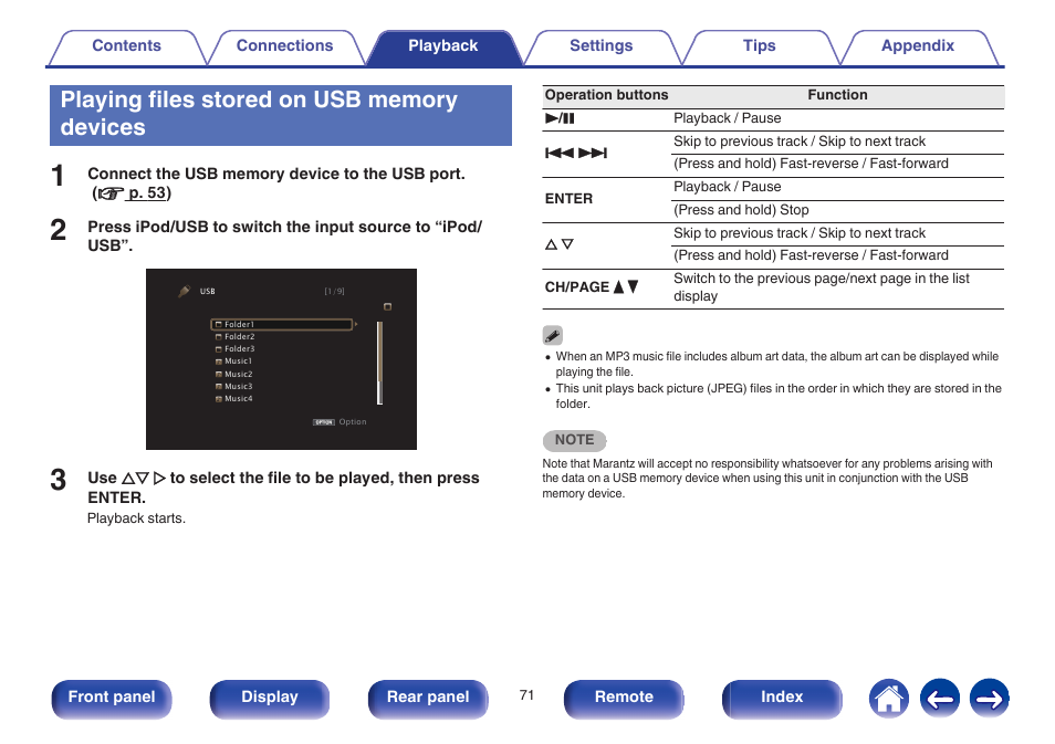 Playing files stored on usb memory devices | Marantz SR6009 User Manual | Page 71 / 282