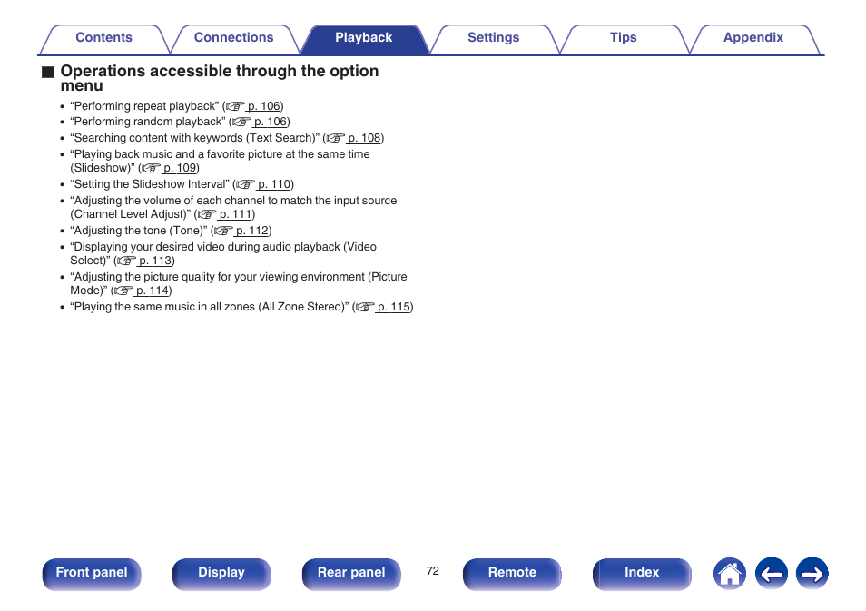 O operations accessible through the option menu | Marantz SR6009 User Manual | Page 72 / 282