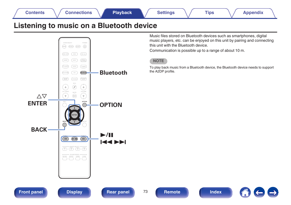 Listening to music on a bluetooth device, Easily ( v p. 73), 1 / 3 8 9 ui enter option bluetooth back | Front panel display rear panel remote index | Marantz SR6009 User Manual | Page 73 / 282