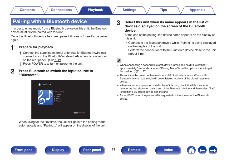 Pairing with a bluetooth device | Marantz SR6009 User Manual | Page 74 / 282