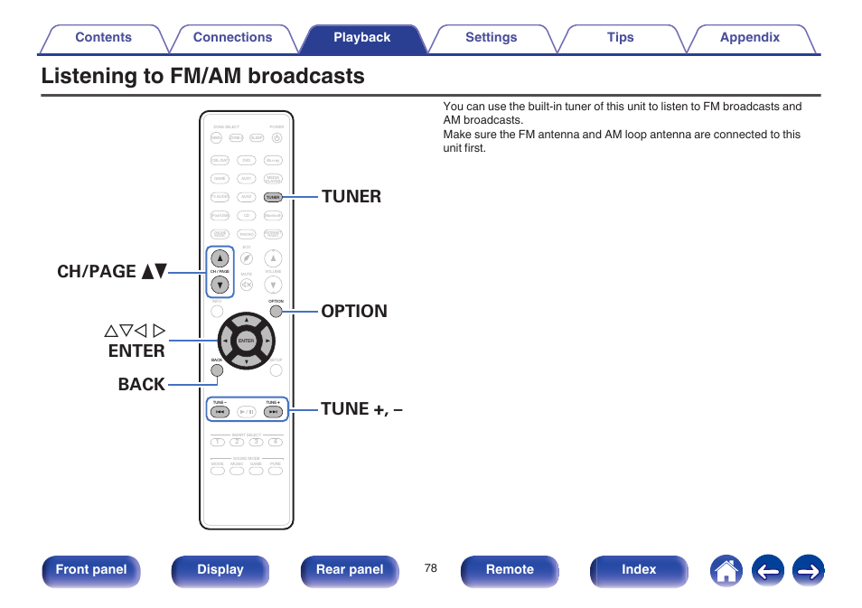 Listening to fm/am broadcasts, Tuner uio p enter ch/page df back tune +, – option, Front panel display rear panel remote index | Marantz SR6009 User Manual | Page 78 / 282