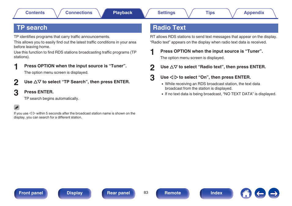 Tp search, Radio text, Tp search” (v p. 83) | Radio text” (v p. 83) | Marantz SR6009 User Manual | Page 83 / 282