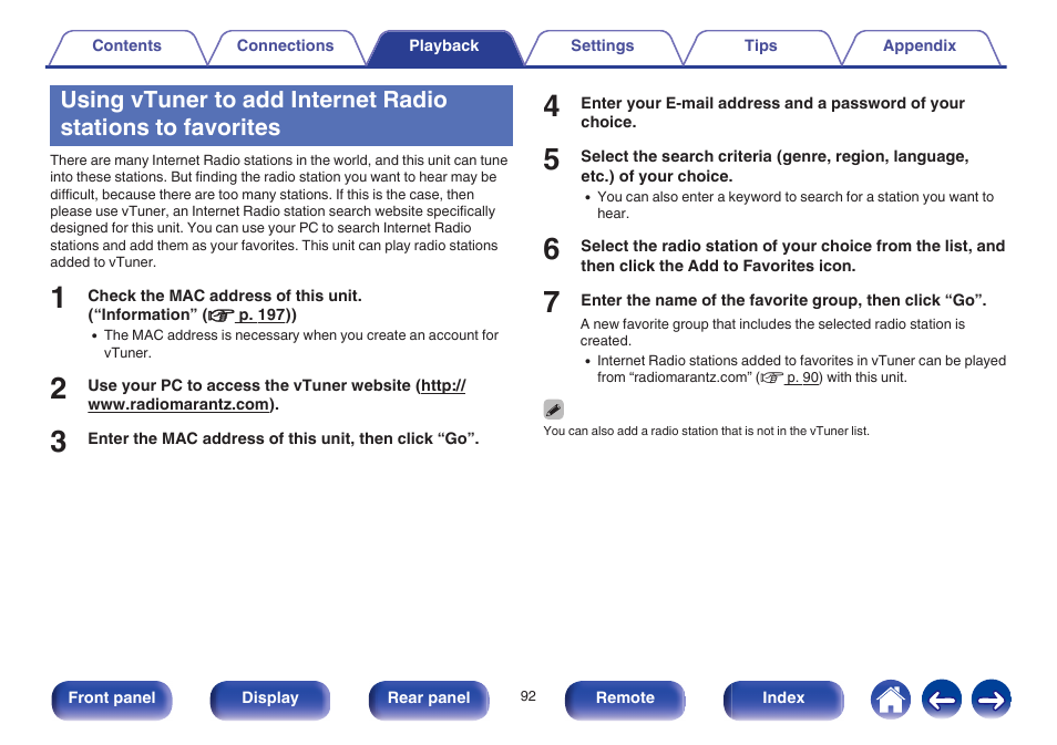 Using vtuner to add internet radio, Stations to favorites” (v p. 92) | Marantz SR6009 User Manual | Page 92 / 282