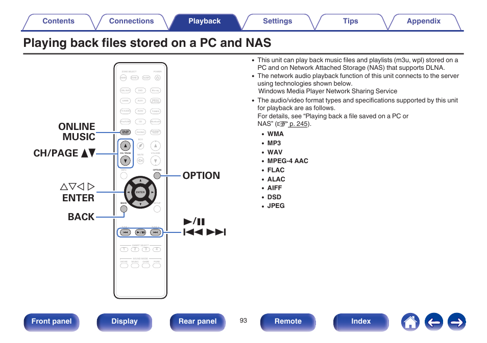 Playing back files stored on a pc and nas, Front panel display rear panel remote index | Marantz SR6009 User Manual | Page 93 / 282