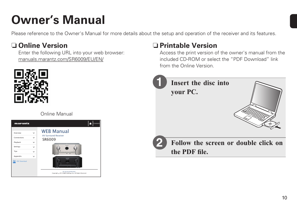 12 owner’s manual, N printable version, N online version | Marantz SR6009 Quick Start User Manual | Page 11 / 12