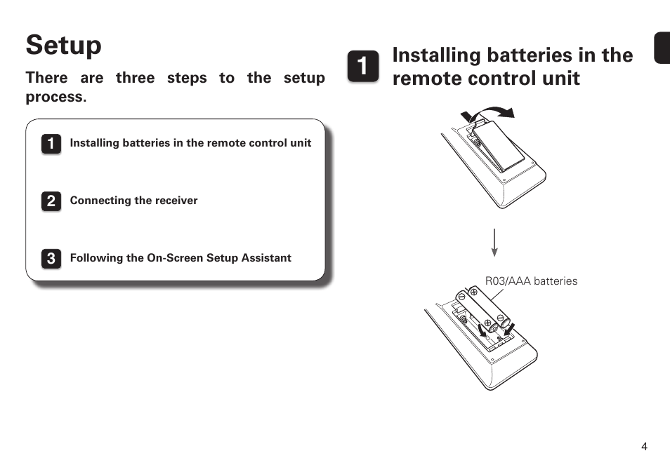 Setup, Installing batteries in the remote control unit | Marantz SR6009 Quick Start User Manual | Page 5 / 12